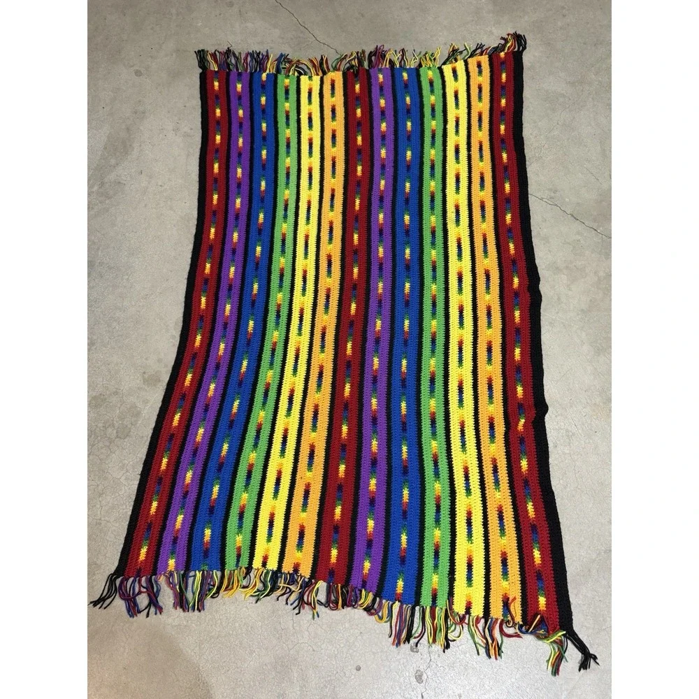 Vintage Handmade Crochet Afghan Blanket Rainbow Striped Fringe 78x47‎ Boho Retro